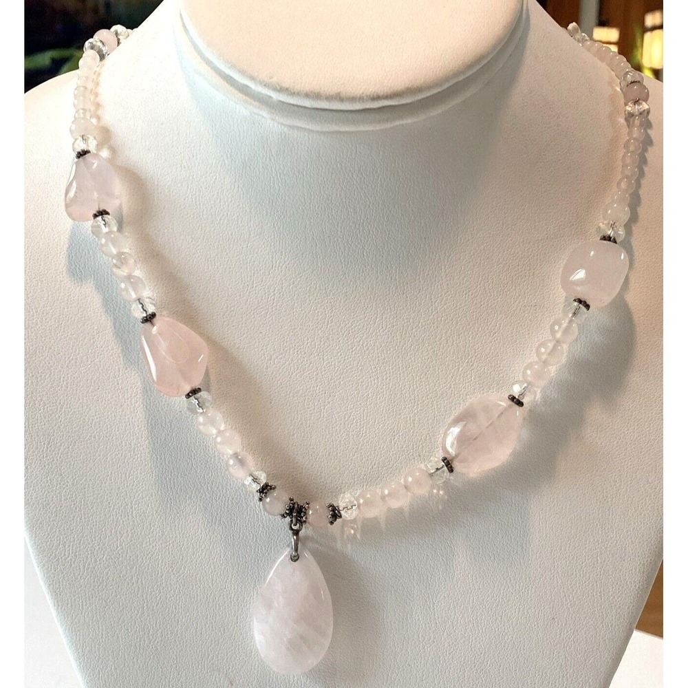 Vintage Handmade Pink Rose Quartz‎ Beaded 19'' Necklace Sterling 925 Silver 37g